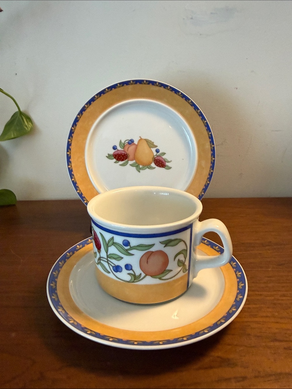 Vintage 3 pc Porcelain Fruit Pattern Tea Cup and Saucer Set - Gold and Blue